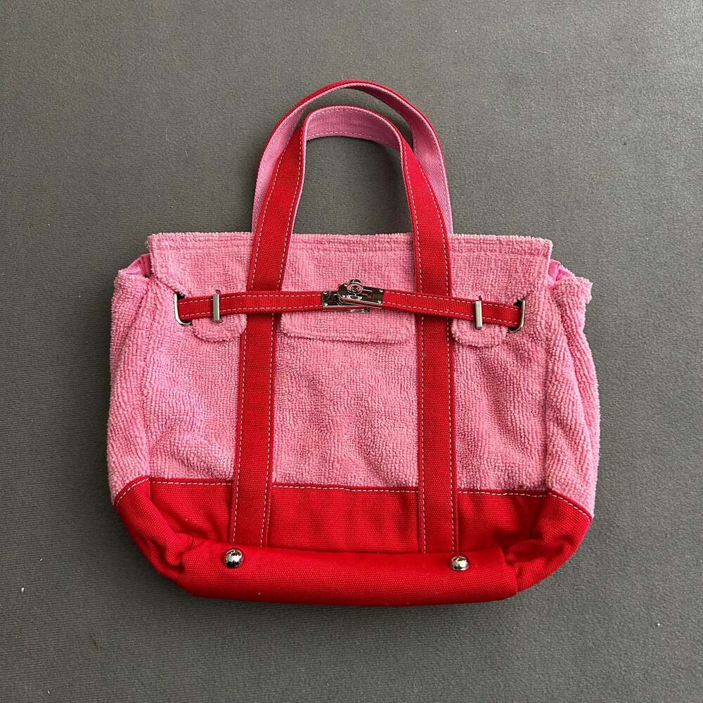 Sunwin Pink Terry Cloth Tote Bag with Red Canvas Trim and Turn-Lock Closure X9